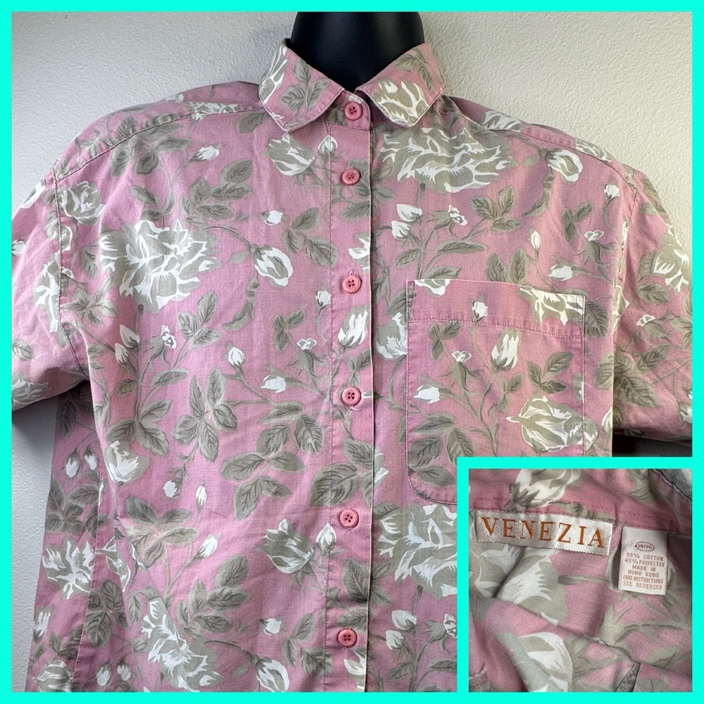Venezia Button Down Shirt Womens 14/16 Pink Green White Floral Rose Short Sleeve